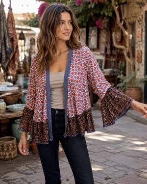 Nalini Mixed Print Kimono Cardigan One Size Bell Sleeve Boho Indie Metallic Knit